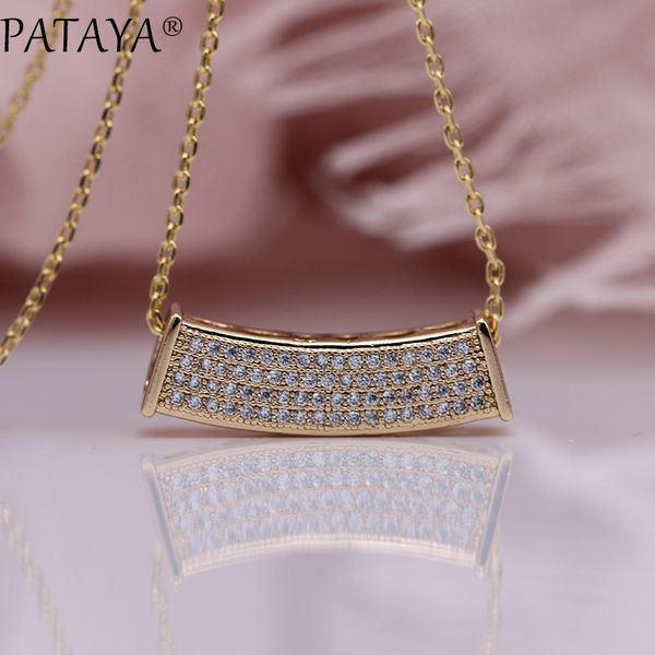 

pataya new bend square long necklaces women wedding hollow fine big pendants 585 rose gold natural zircon luxury fashion jewelry, Silver