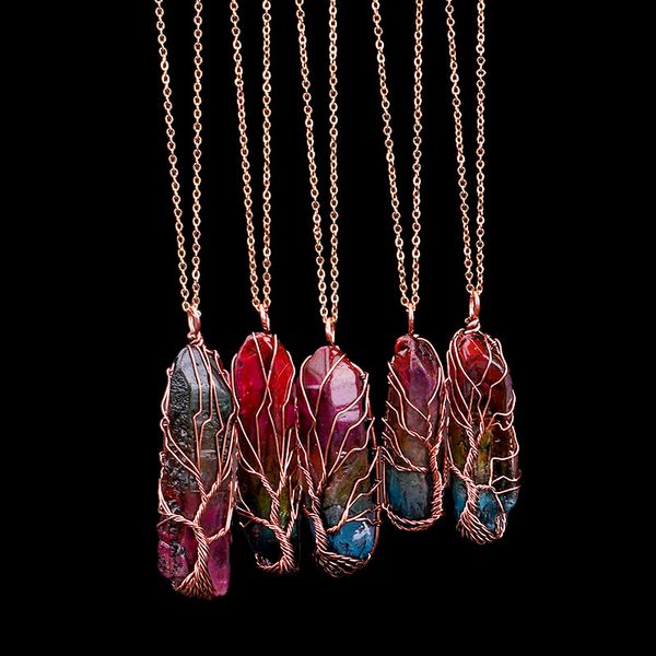Ручной работы 7 чакра Радуга натуральный камень дерево жизни кулон ожерелье женщины мужчины опал Кристалл длинная цепь заявление ювелирные изделия подарок
