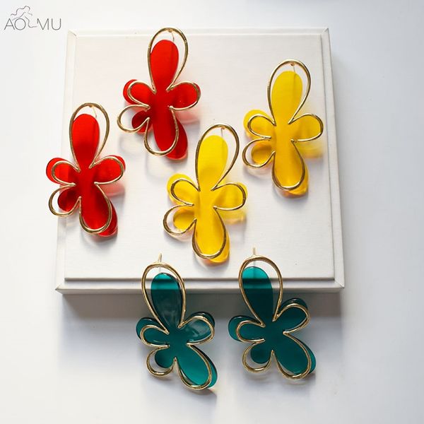 

aomu exaggeration acrylic acetate transparent flower irregular big metal hollow stud earrings for women girl party gift jewelry, Golden;silver