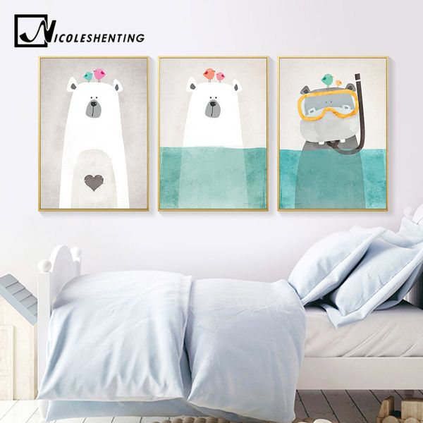 

nordic art polar bear hippo canvas poster minimalist painting cartoon modern nursery picture home children room decoration