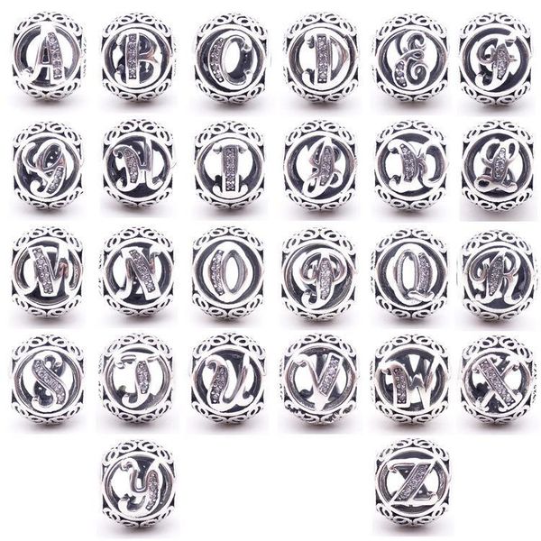 

authentic 925 sterling silver 26 letters beads crystal big hole loose alphabet beads charms for bracelets jewelry making craft supplies, Black