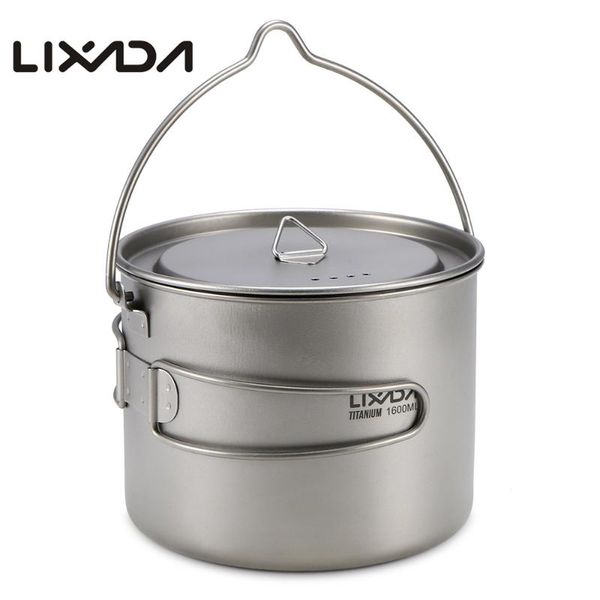 

lixada 900ml / 1600ml titanium cup pot ultralight portable cup hanging pot with lid and foldable handle outdoor camping hiking