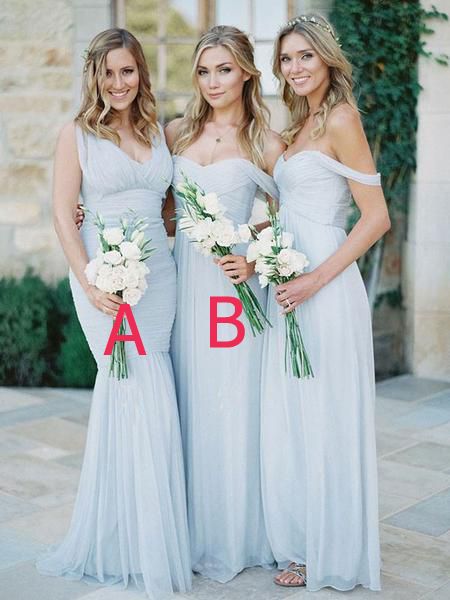 

2019 Newest Spring Bridesmaid Dress Chiffon Mismatched Light Blue Formal Wedding Party Guest Plus Size Maid of Honor Gown Custom Made