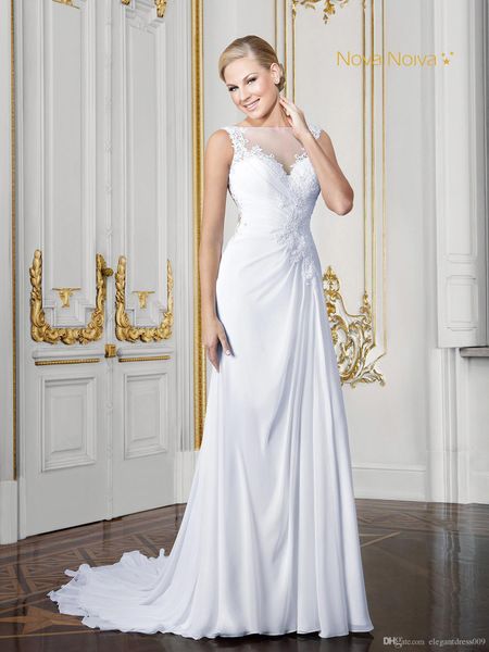 

new beach bohemian wedding dresses a line applique sheer neck illusion back sleeveless summer boho sweep train wedding bridal gowns, White