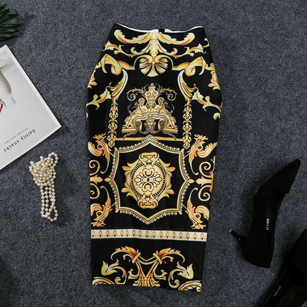 

2019 new-coming european women autumn print pencil skirt high stretch abstract pattern midi slip hip skirt female, Black;gray