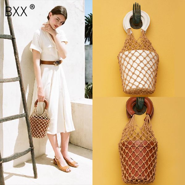 

bxx] 2020 spring new pattern women's bag casual synthetic leather handbag concise solid knitting grid bucket package bags da247