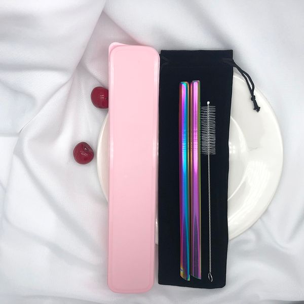 

2pcs metal pointed head straw + 1pc brush rainbow drinking straws reusable straws 12mm*215mm with portable box or bag