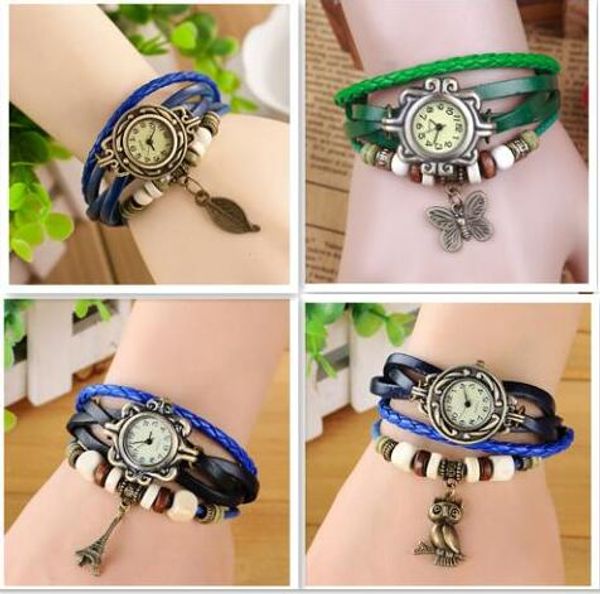 

popular mixed style vintage weave wrap around charm bead leather bracelet leaf butterfly eiffel tower heart wings owl dolphin quartz watch, Slivery;brown