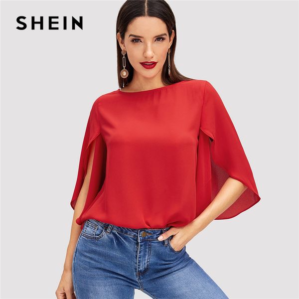 

shein elegant office lady butterfly sleeve split trim o-neck solid blouse 2018 autumn modern lady women and blouses, White