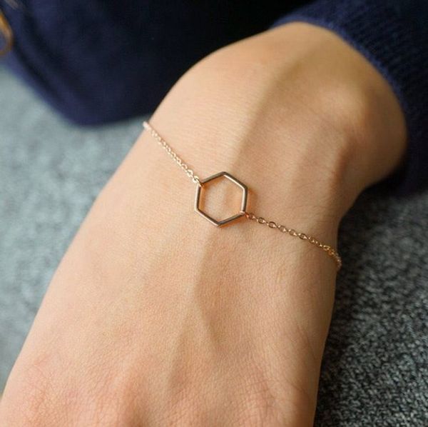 

30 simple hollow line hexagon charm bracelet cut out open polygon bracelets geometric quadrilateral lucky woman mother men's family gif, Golden;silver