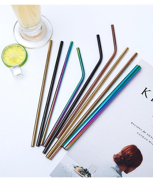 

304 stainless steel reusable drianking straws sturdy bent straight colorful metal straws with cleaner brush kitchen accessories
