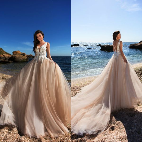 

2020 boho champagne wedding dresses a line sweep train lace applique beach wedding dress beads plunging neck bohemian bridal gowns, White