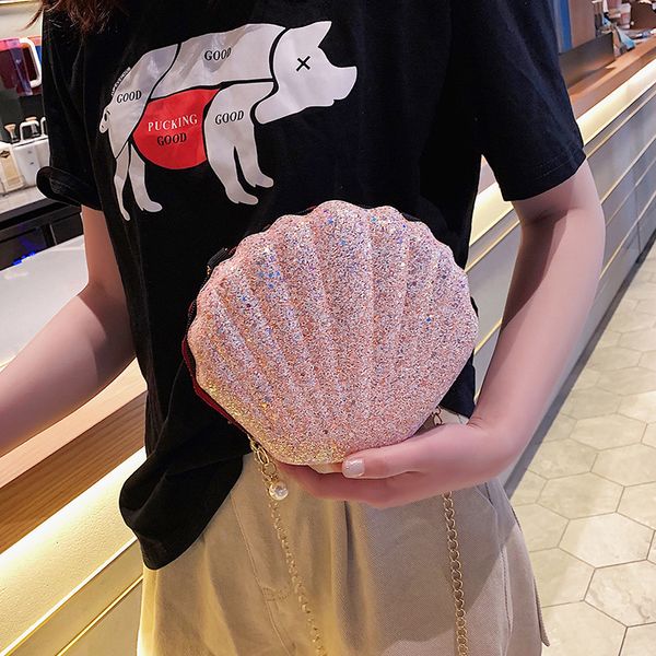 

new fashion sequined shell bag with pearl chain shoulder bag solid color handbags women small crossbody bags sweet girl design