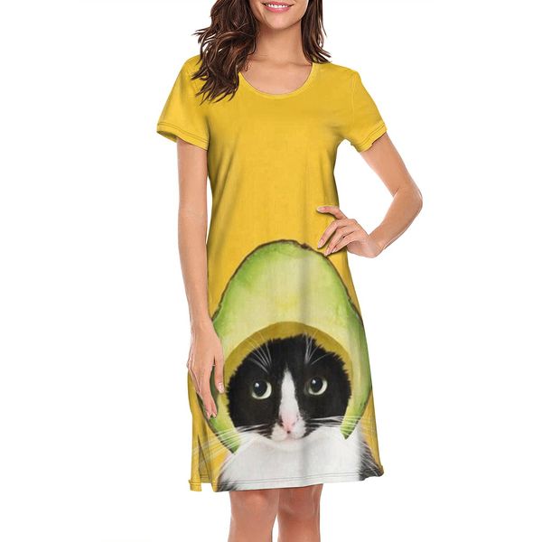 

ночные рубашки для женщин авокадо шляпа кошки дизайн группы романа короткий рукав nightdress пары любителей кошек луна симпатичные кошки кот, Black;red