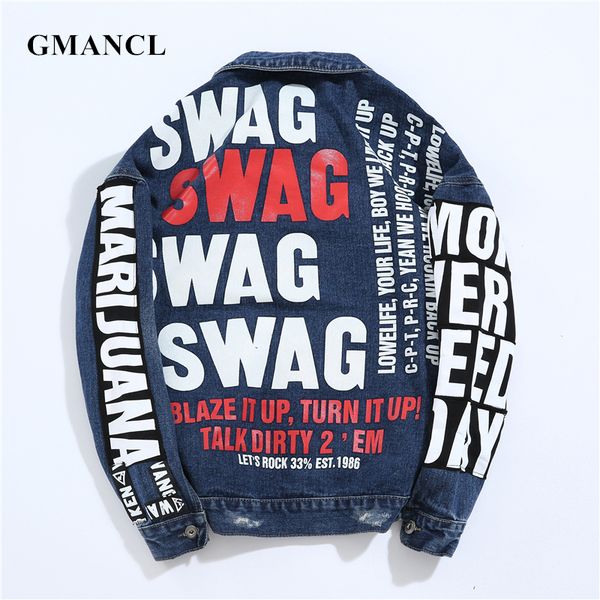 

men new hiphop letter printed ripped denim jackets fashion slim fit men holes streetwear motorcycle casual jeans jacket coat, Black;brown