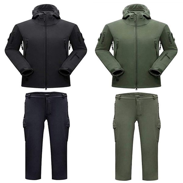 

sharkskin softshell tactical jacket + pants outdoor camouflage hunting clothes camping hiking waterproof windproof hooded suits, Blue;black