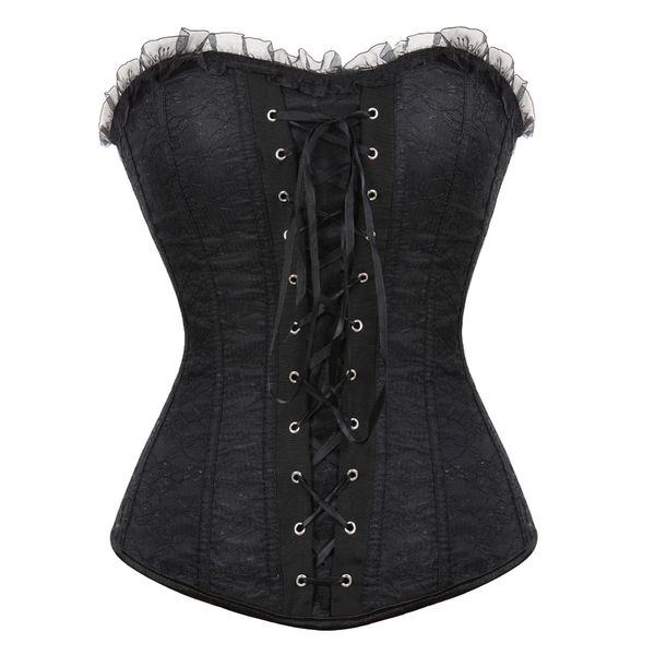 

new fashion lace cover overbust corset lace up boned lingerie zipper side carnival waist and body shaper bustier push up s-2xl, Black;white