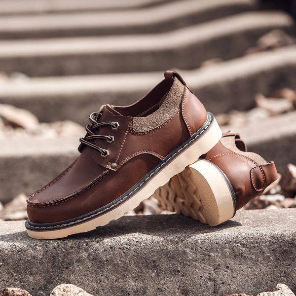 

fashion men casual shoes outdoor working sneakers for male genuine leather shoes lace up mens trendy popular leisure, Black