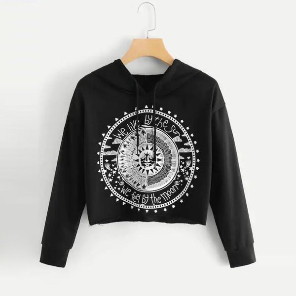 

women sweatshirt hoodies pullovers o-neck autumn long sleeve graphic printed hooded jumper pullover casual short moletom, Black