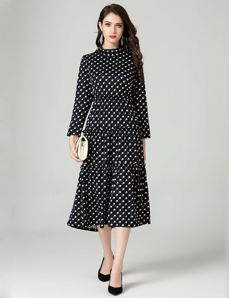

polka dot print women a-line dress elegant long sleeve casual dresses 038178, Black;gray