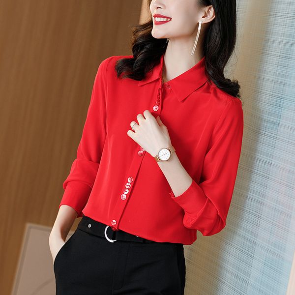 

long sleeve lapel design sense pure silk shirt heavy weight silk shirt women's new spring women's wear, White