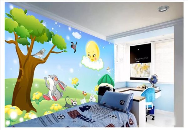 Papel de parede Benutzerdefinierte 3D foto wandbild wand papier Nette cartoon tier baum kaninchen vogel kinderzimmer schlafzimmer sofa hintergrund wand