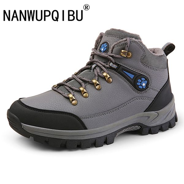

safety shoes outdoor trekking men warm winter boots with plush anti-skid mountain climbing fishing hiking shoes plus size, Black