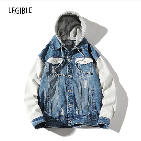 

2019 autumn denim jackets men loose jean coats good quality casual fashion patchwork hooded jean jackets men 4xl 5xl, Black;brown