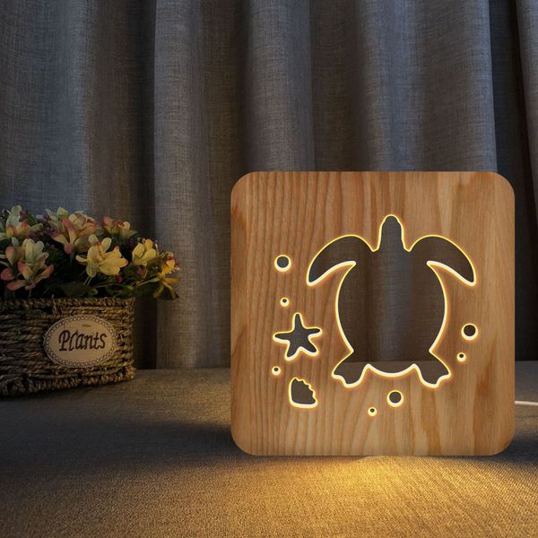 Kreative Holz Schildkröte Nachtlichter für Kinder Kinder Geburtstagsgeschenk Massivholz Hohl geschnitzte Nachtlampe 3D Tier Schildkröte Tischlampe