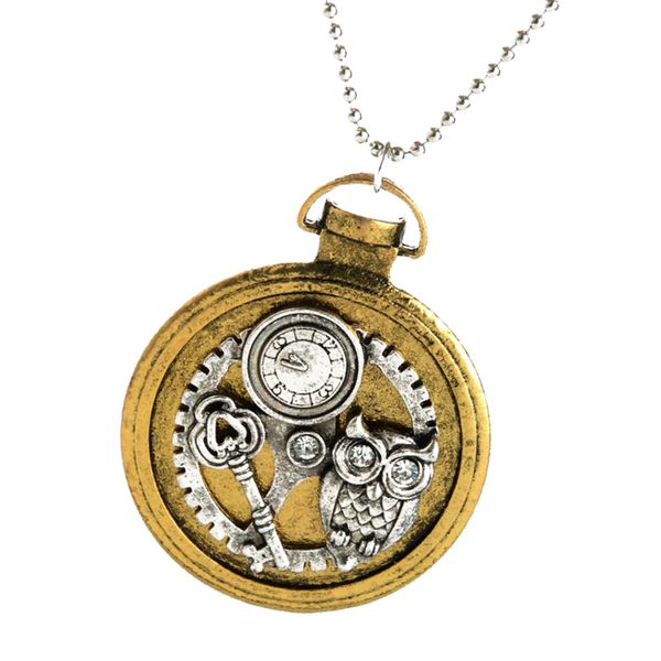 

antique victorian gothic gear wheel owl key charms pendant chain necklace, Silver
