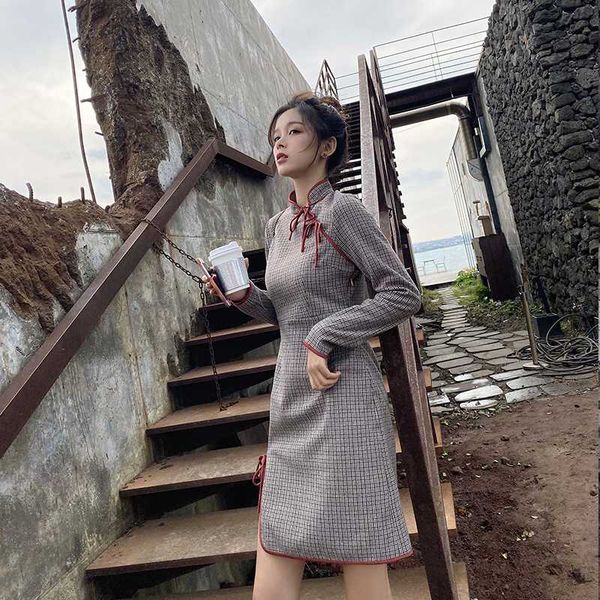 

mishow atumn winter china vintage style slim fit dress women long sleeve hem slit cheongsam dress mx19d1398, Black;gray