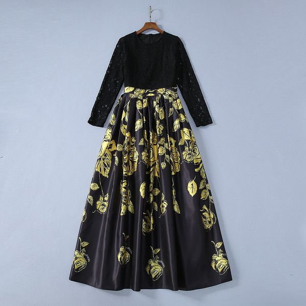 

spring 2020 for european and american women's wear long sleeve lace mosaic flower print fashionable black dress, Black;gray