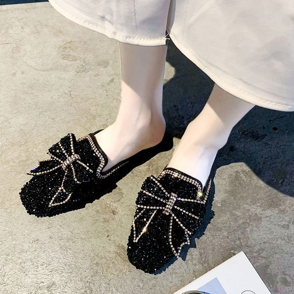 

women slippers rhinestone butterfly bling mules summer ladies sandals 2020 fashion female shoes comfort new flats woman slides, Black