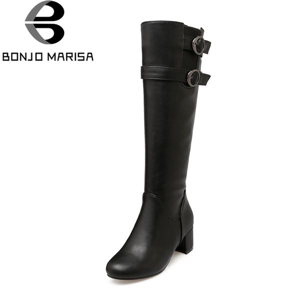 

bonjomarisa new fashion metal decoration 5cm med square heels solid warm zip knee-high boots for women 2018 plus size 32-43, Black