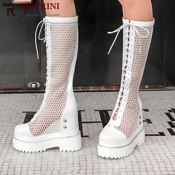 

ribetrini fashion ins cow leather women shoes women sumemr hollow out handmade lace up platform boots rivet boots, Black
