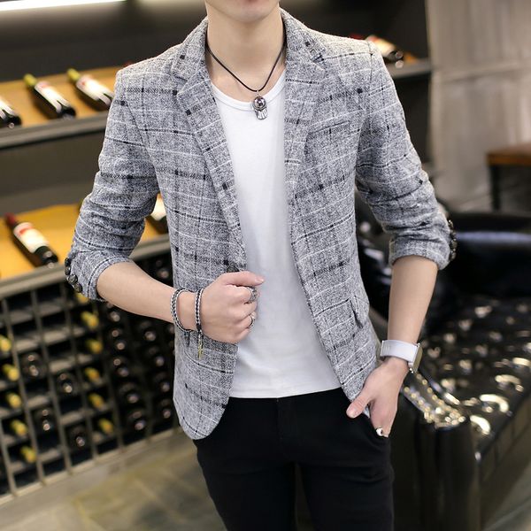 

2019 winter fashion men's leisure long sleeve suit coat high-grade male slim fit grid comfortable blazers leisure suit mb4, White;black