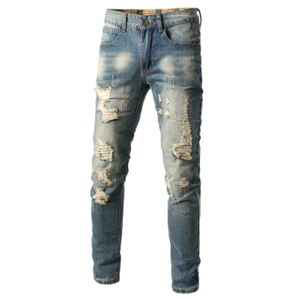 

fashion streetwear men's jeans vintage blue gray color skinny destroyed ripped jeans broken punk pants hip hop 28-38