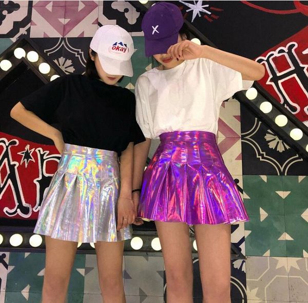 

new laser glossy high waist slim personality silver purple skirt, Black