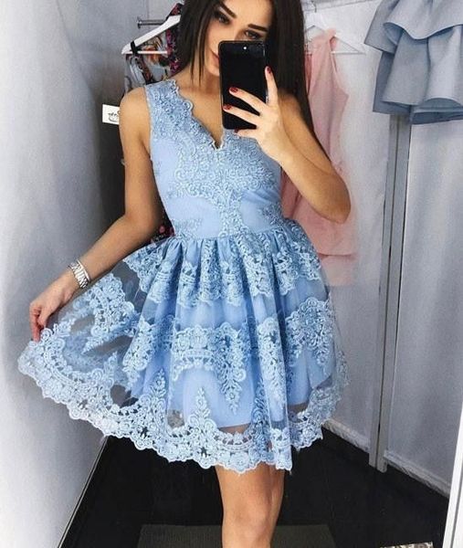 Light Blue Pink 2019 Full Lace Short Homecoming Dresses V Neck