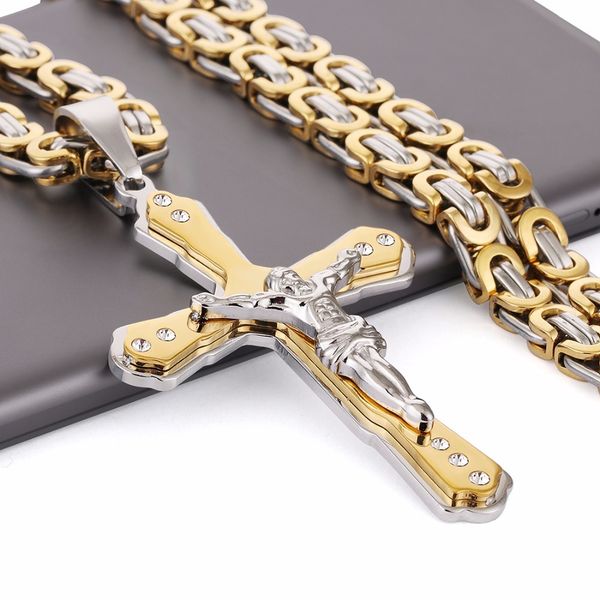 

christian jesus cross crystal pendant necklaces thick link byzantine chain stainless steel men jewelry colar gift 21.65" mn79, Silver