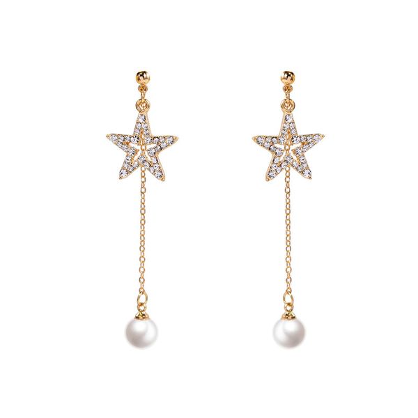 

new trendy pentagram imitation pearl long tassel dangler girl party stud earrings femininity net red women eardrop jewelry gift, Golden;silver