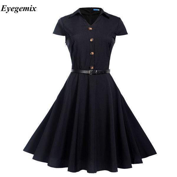 

2019 elegant black dresses short sleeve robe big swing retro dress casual party rockabilly 50s 60s vintage women clothing, Black;gray