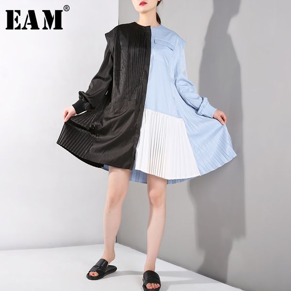 

eam] 2019 new spring summer roud neck long sleeve hit color pleated split joint loose big size jacket women coat fashion qf9, Black;brown