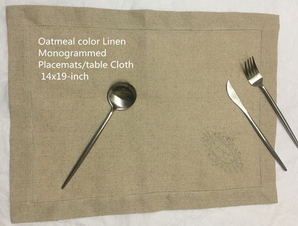 Set mit 12 modischen, monogrammierten Tischdecken, 35,6 x 48,3 cm, haferflockenfarbene Leinen-Tischsets/Homstitch/Stickerei mit Initialen für elegantes Mittag- oder Abendessen