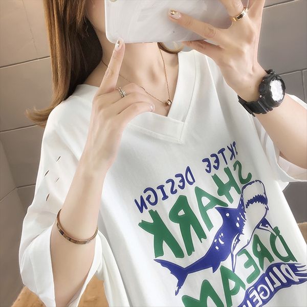 

cotton v-neck short-sleeved t- female 2020 lazy wind loose hole white shirt half-sleeve shirt female