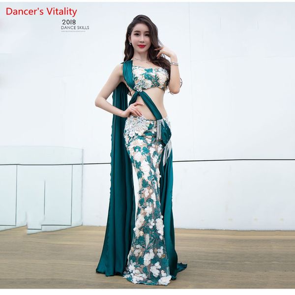 

custom made belly dance show costume women 2018 new silk beads competition luxury bra+long tail skirt suit 2pcs, Black;red