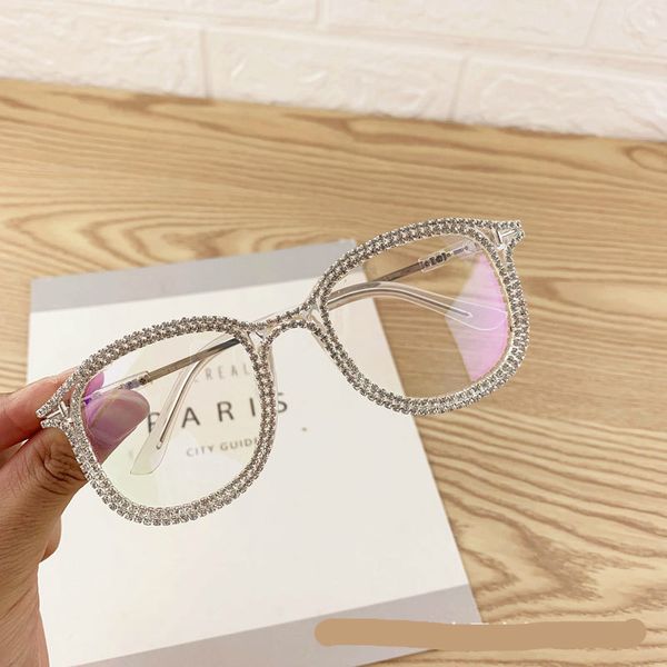 

kids' sunblock women shiny rhinestone glasses fashion brand sun eyewear vintage ladies clear lens uv400 eyeglasses female 2021, Blue