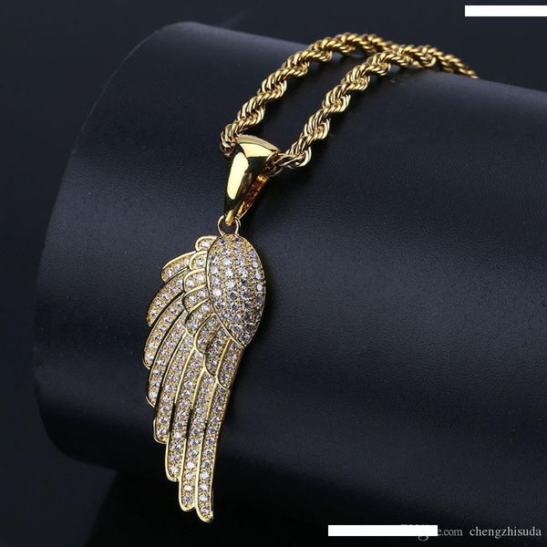 

hip hop feather angel wing pendants necklace copper gold silver color plated iced out micro paved cz women jewelry