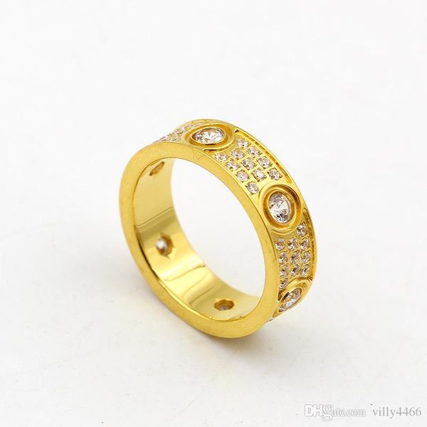 

2017 316l titanium steel love rings lovers band rings size for women and men in 6mm width with three lines diamond jewelry, Slivery;golden