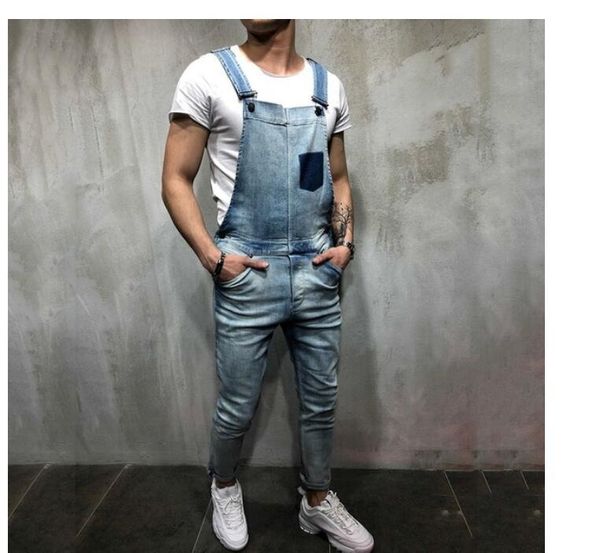 

heflashor men vintage jeans jumpsuits fashion distressed denim bib overalls male suspender pants 2019 new casual jeans jumpsuit, Blue